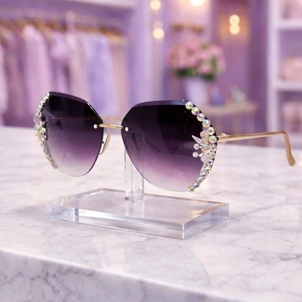Sunglasses Women Purple Rimless Rhinestone‎ Oversized Shades